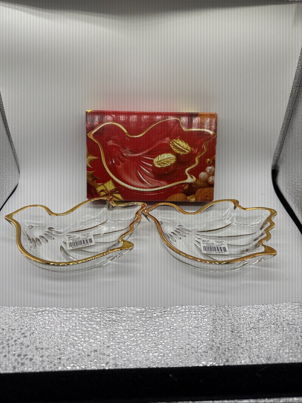 NWT Vintage Mikasa Clear Glass Dove Dishes with Gold Trim - Set of 2